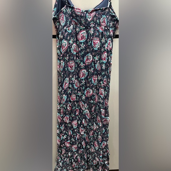 Navy and Pink Paisley Accent Spaghetti Strap, Floor Length Maxi Dress. - Picture 2 of 5